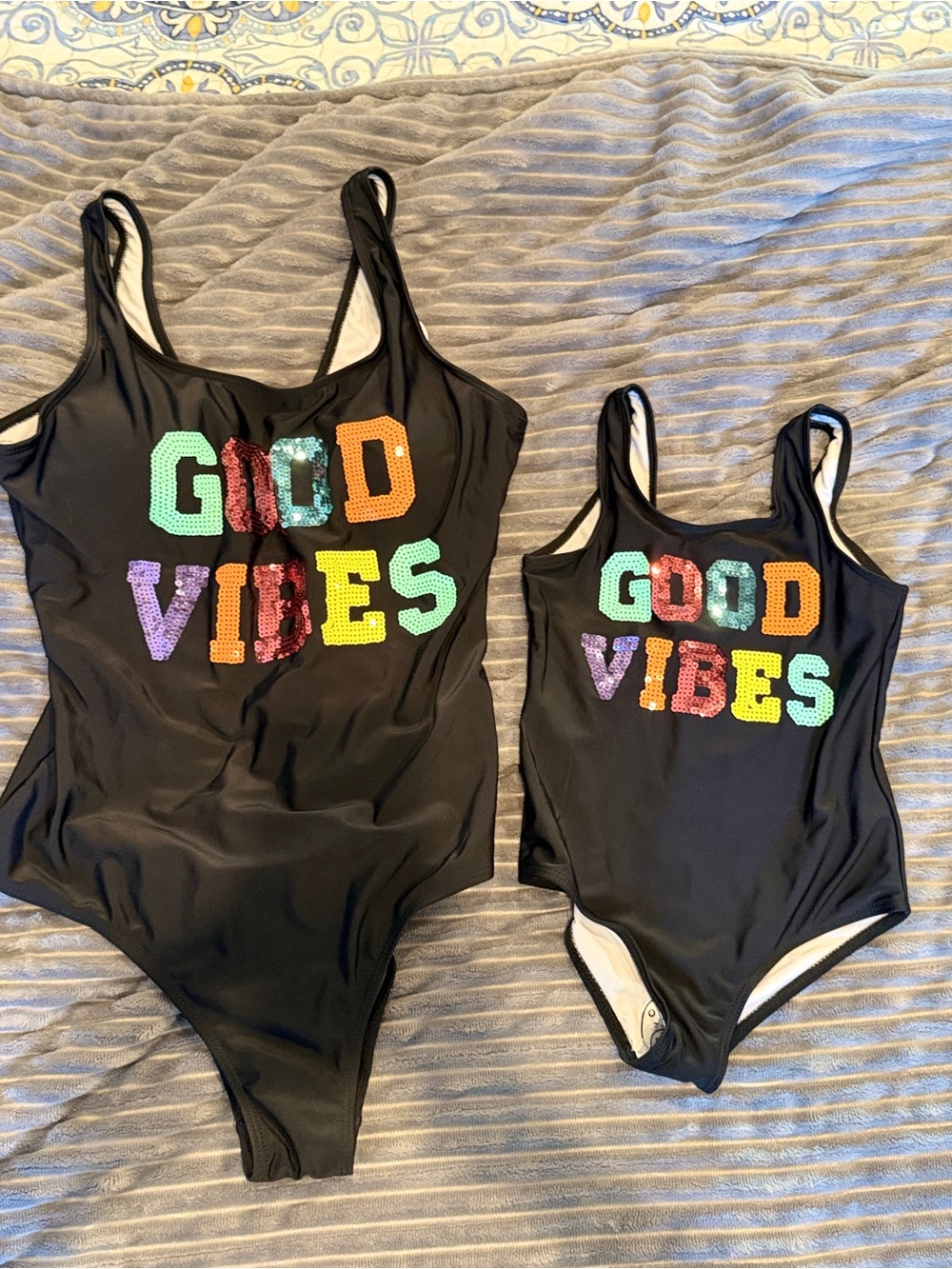 Black 'Good Vibes' Sequin Mommy and Me One-Piece Bodysuit